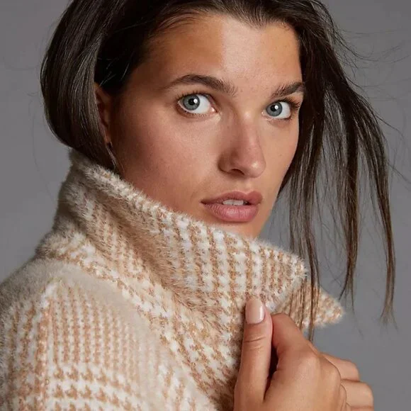 Anthropologie Greylin Houndstooth Shirt Fuzzy Beige White Jacket Blazer - Picture 3 of 9